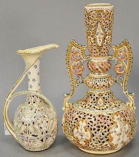 Two Fischer J. Budapest urns or vases reticulated pierced marked on bottom