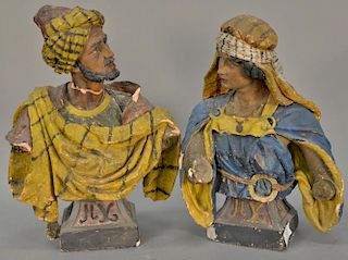 Pair of earthenware moorish busts (male with repaired neck - chips), ht
