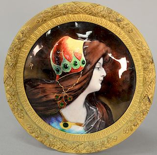 Victorian enameled plaque bust of a woman with monogrammed name on left, dia