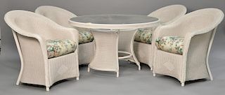 Lloyd Loom wicker round table and four armchairs, table with glass top and chairs with custom cushions. dia. 48"