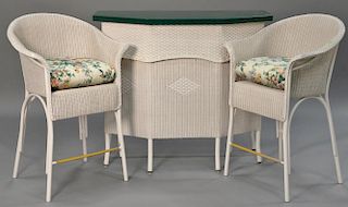 Lloyd Loom three piece wicker bar set including two tall armchairs with custom cushions and a bar. ht. 42 1/2", wd. 48 1/2", dp. 22"