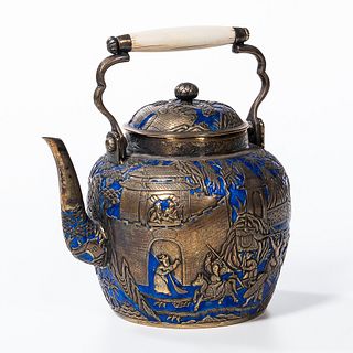 Repousse Silvered Brass and Enamel Teapot