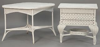 Two wicker and wood tables including a triangular and a rectangular. 27" x 44" & 18" x 30"