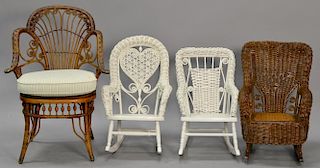 Three wicker child's chairs and a small octagon table.