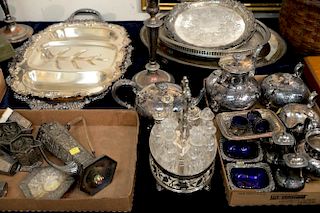 Large group of silverplate to include two tea sets, serving trays, decanter bottles, salts, etc