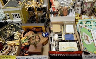 Seven box lots to include porcelain, Lynn Chase Design, silverplate picture frames, foot stool, Dansk forks, etc.