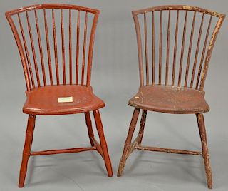 Pair of red bow back side chairs in red paint.