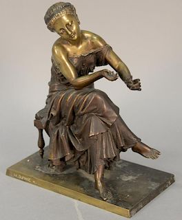 Henry Etienne Dumaige (1830-1888) bronze Classical girl seated on a stool holding a flower, marked on base H