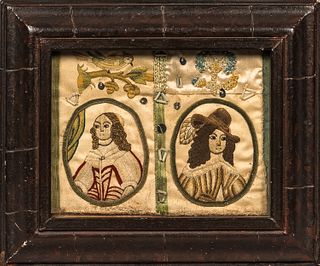 Silk Needlework Portrait of Charles II and Catherine
