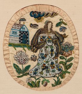 Oval Beadwork Picture of a Lady in an Elaborate Gown