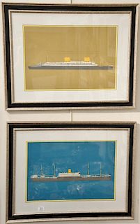 Pair of frame colored lithographs of steam ships