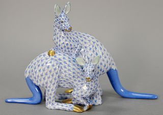 Herend Hungary hand painted porcelain double kangaroo, blue fishnet figure, excellent condition. ht. 6 1/2"