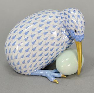 Herend Hungary handpainted porcelain kiwi bird with egg figure in blue fishnet and gold accents, excellent condition. ht. 2 3/4"