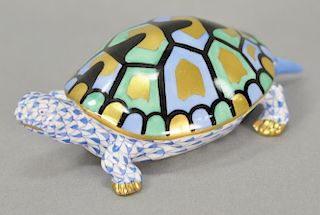 Herend Hungary hand painted porcelain turtle figure in blue fishnet (excellent condition). ht. 1 1/4", lg. 4"