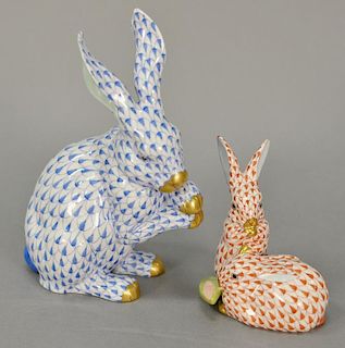 Two Herend Hungary porcelain rabbit figures including large blue fishnet bunny (pen tip size chip on ear) along with a double rabbit...