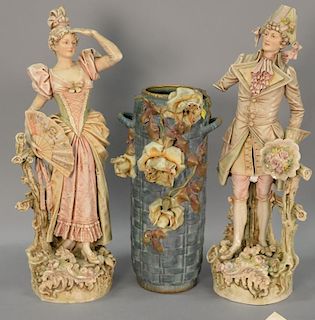 Pair of Royal Dux Bohemia porcelain figures, Maiden and a man (as is) and a Teplitz urn flower vase (as is)
