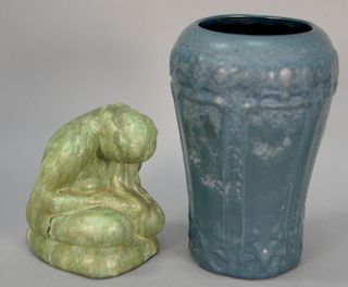 Hampshire pottery vase along with pottery seated figure