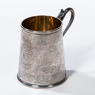 Engraved Silver Mug with Cobra Handle