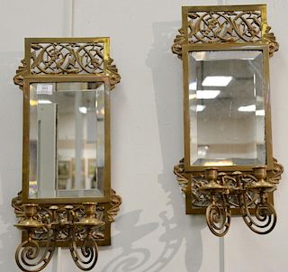 Pair of large brass mirrored sconces
