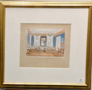 Set of five framed interior Victorian decorator prints with gold frames