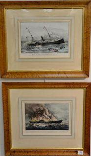 Nathaniel Currier, Currier & Ives two small folio hand colored lithographs including Loss of the U