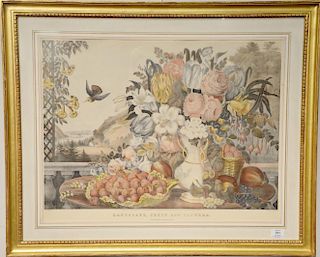 Currier & Ives colored lithograph, Landscape, Fruit and Flowers restrike, framed and matted Donaldson, Lufkin, Jenrette label on rev...