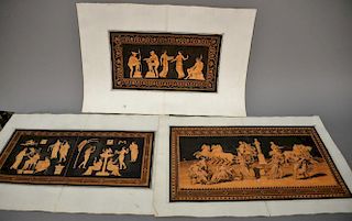 Set of three double page large Roman Classical figural scenes, hand colored engravings with Greek key borders, one "Abduction of Leu...