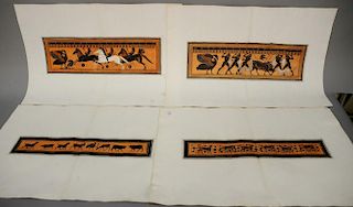 Group of four large double page Roman Greek classical figural scenes, orange and black hand colored engravings