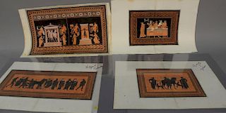 Group of four double page large Roman Greek Classical figural scenes, orange and black hand colored engravings, ss 11" x 25 1/2" - 1...