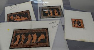 Seven Roman Greek Classical figural scenes, orange and black hand colored engravings, six are small single page and one is a double...