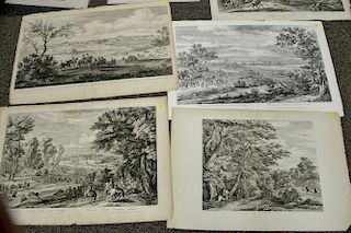Group of twelve engravings and maps, unframed including one by Ertinger double page, Views of different Italian landscape scenes or...