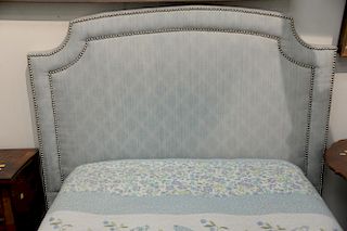 Pair of custom light blue upholstered twin or double size headboards with Hollywood frames, ht