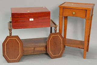 Five piece lot including mahogany natural Sherman humidor, inlaid stand, two arm tables, and one drawer stand, ht