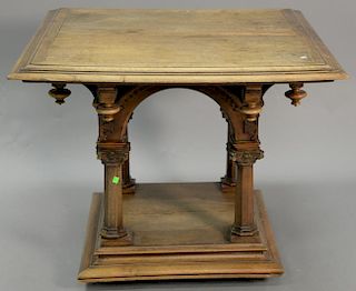 Gothic Victorian mahogany square top center table with carved gothic base. ht. 32", top: 38" x 38"