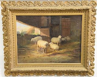 Jef Louis Van Leemputten (1865-1948), oil on canvas of sheep in a bar signed J