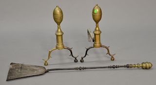 Three piece lot including pair of lemon top andirons and brass top shovel. andiron: ht. 17"
