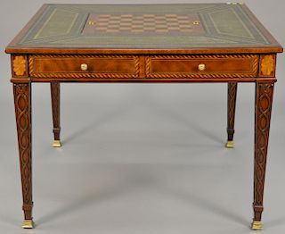 Maitland Smith gaming table with four drawers and leather top with backgammon and chess. ht. 30", top: 40" x 40"