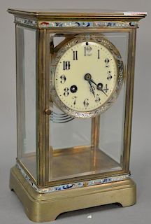 Brass and glass regulator clock with enameled trim, ht