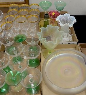 Five box lots of crystal and art glass to include stems, art glass vases, trinket box, glass pitcher with silverplate, etc.