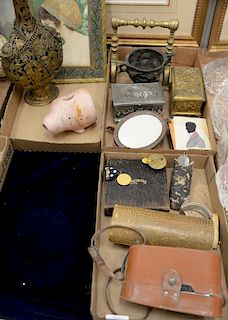 Three box lots of miscellaneous items to include three watches, brass mounted bottle, copper frame, liquor set, camera, doll head, etc.