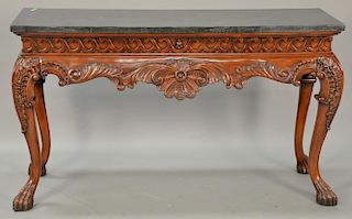 Contemporary carved mahogany hall table with veneered marble top, ht