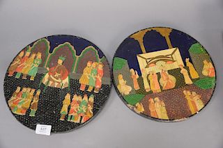Pair of hand painted round panels with label on reverse "The Kashmir Gout Arts Emporium". dia. 12 in.