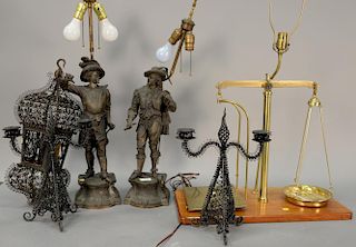 Six piece group lot to include a pair of white metal Continental figures made into table lamps, brass scale made into a lamp, wire c...
