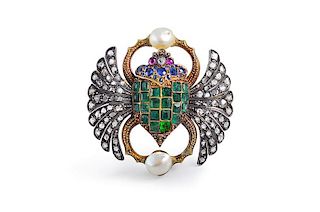Antique French Diamond Emerald Scarab Pin