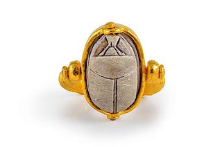 Ancient Egyptian Scarab Set in Gold Ring