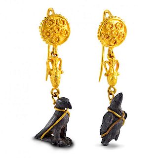 Ancient Egyptian Falcon on Gold Earrings
