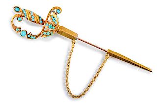 Antique Gold Turquoise Sword Pin