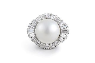 Platinum Natural Pearl Diamond Ring