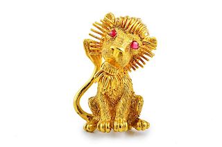 Cellino Gold and Ruby Lion Brooch