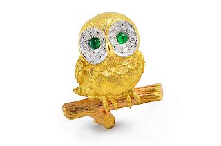 E. Wolfe Owl Diamond Emerald Brooch